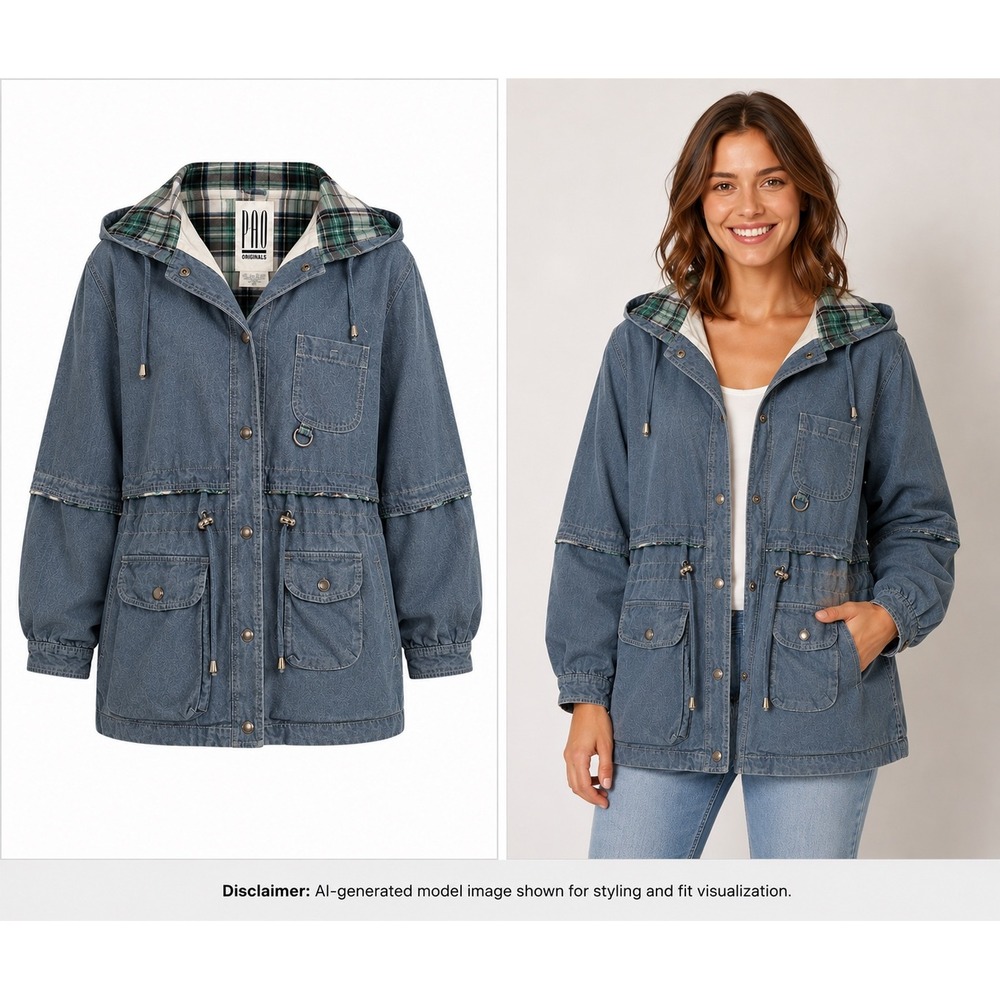 PAO Originals Vintage Denim Anorak Jacket Blue Plaid Lined Hooded Utility Medium